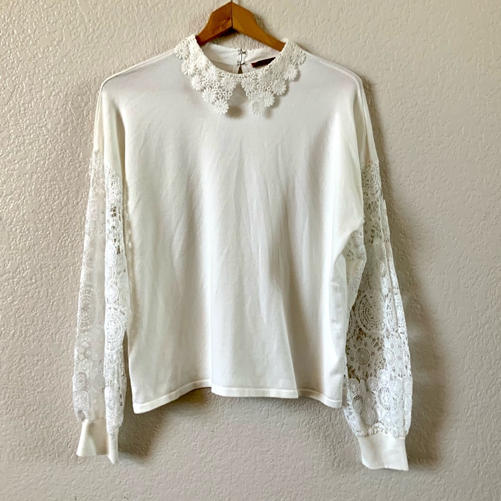 NWOT Belldini Feminine White Sweater With Lace Collar and Sleeves